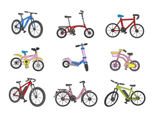 Bundle Set of Various Bicycle Types Vector Illustration in Flat Style