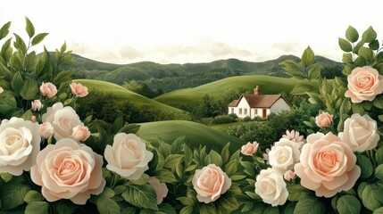 a seamless pattern featuring charming english country style elements such as blooming roses, lush greenery, quaint cottages, and rolling hills