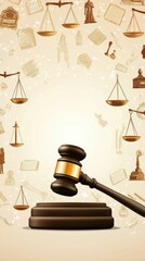 Courtroom Justice Concept with Gavel and Scales of Justice Surrounded by Law Books and Legal Symbols in Warm Tones