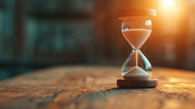 A beautifully crafted hourglass sits on a rustic wooden table, symbolizing the passage of time and the fleeting moments we should cherish in our lives.