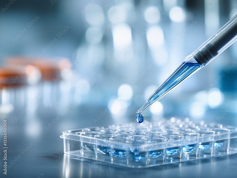 Poster precision drop in the lab: a close-up perspective of a laboratory pipette dispensing a single, preci