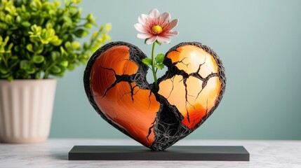 a beautifully intricate sculpture depicting a broken cracked heart with a delicate, vibrant flower sprouting out from the center, symbolizing growth, healing, and resilience in the face of heartbreak