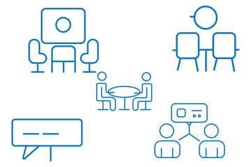 Meeting thin line icon set. Discussion, planning and decisions. Interview, seminar, meet, conference, consultation, presentation - stock vector.