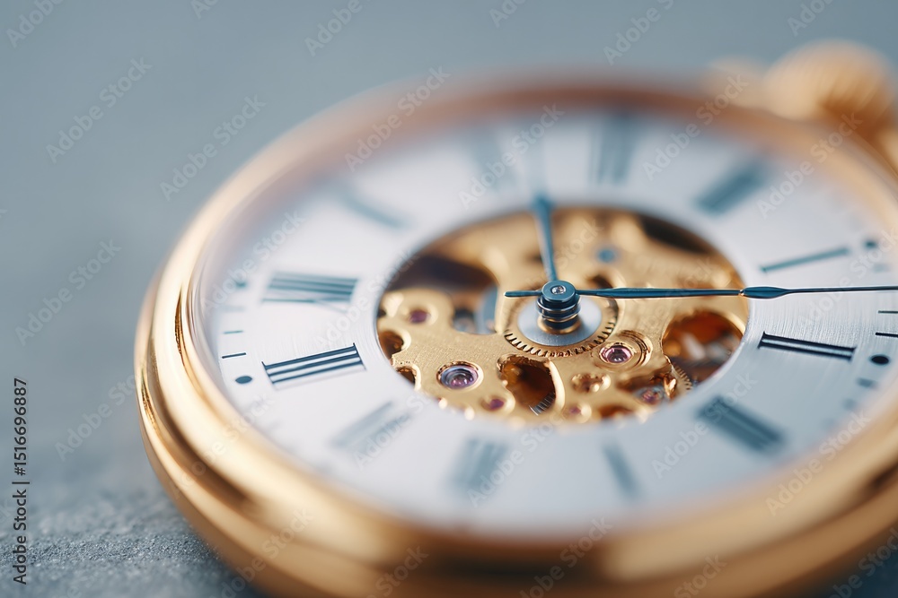Poster close-up of vintage clock with visible intricate gears surrounded by light shadows