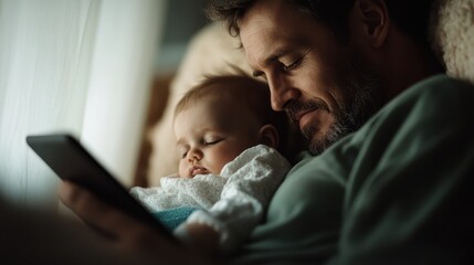 A tender moment is captured as a father cuddles with his sleeping baby while engrossed in a smartphone, highlighting the bond and love between parent and child.