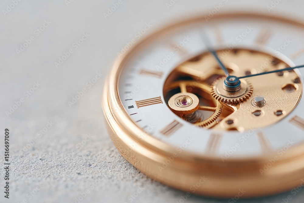 Poster close-up of vintage clock with visible intricate gears surrounded by light shadows