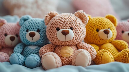 A colorful collection of cute knitted teddy bears in soft pastel shades, perfect for a child's bedroom or as a gift, bringing joy and warmth.