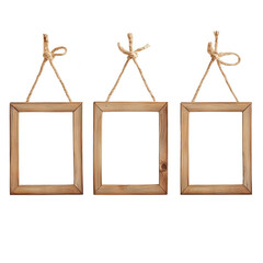 Three rustic wooden frames hanging isolated on transparent background