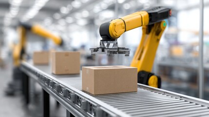 Fototapeta premium A robotic arm moves cardboard boxes on an automated conveyor belt in a modern industrial warehouse.