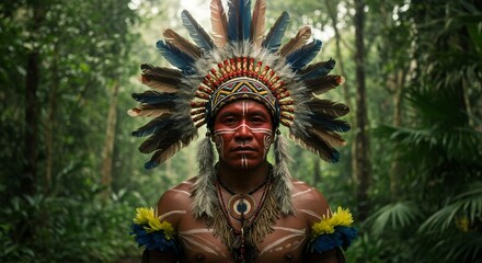 Indigenous man with feather headdress and face paint in a lush green tropical forest setting outdoors