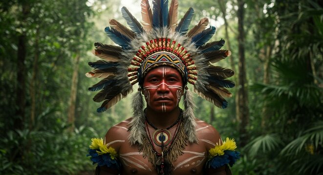 Indigenous man with feather headdress and face paint in a lush green tropical forest setting outdoors