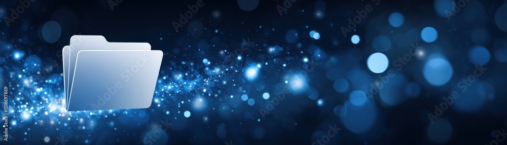Poster a digital blue folder floats amid sparkling light effects and bokeh on a dark abstract background.