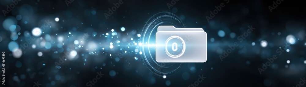 Aufkleber a digital folder icon with a zero, surrounded by glowing abstract lights and a futuristic background