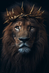 LEÃO DE JUDÁ, imagem poderosa justapondo uma figura gentil de Jesus com uma coroa de espinhos ao lado de um leão majestoso, simbolizando um encontro profundo entre o amor divino e a força bruta,