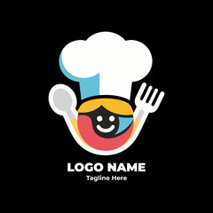 Chef logo cartoon mascot character for culinary business branding kitchen identity restaurant tools professional chef hat cooking uniform flat vector design food service art