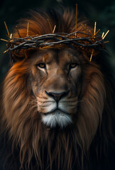LEÃO DE JUDÁ, imagem poderosa justapondo uma figura gentil de Jesus com uma coroa de espinhos ao lado de um leão majestoso, simbolizando um encontro profundo entre o amor divino e a força bruta,