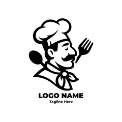 Chef logo for restaurant identity culinary branding kitchen tools cooking uniform flat vector design professional chef hat cartoon mascot character food service illustration