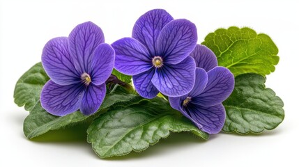 a high quality close up stock image of vibrant african violets isolated on a crisp white background, showcasing the delicate purple petals and intricate green leaves in stunning detail.