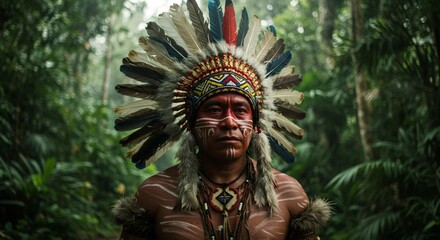 Indigenous man in headdress with face paint standing in lush green tropical rainforest setting