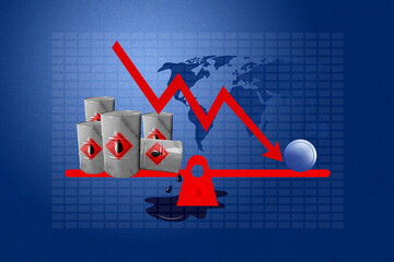 Creative artwork template sketch image 3D collage of scales weights oil economy global price energy...