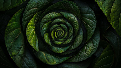 Fototapeta premium A surface view of a spiral pattern of leaves in various shades of green and dark gray, creating an elegant, natural background perfect for text, graphic design, or artistic projects.
