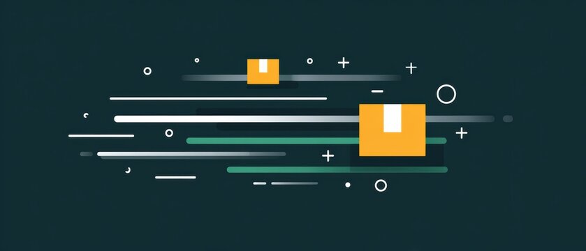 Minimalist illustration of fast-moving parcels in transit, representing speedy delivery and logistics on a dark background.