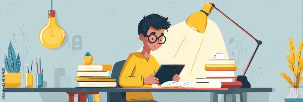Aufkleber student engaged in online learning using a tablet at a cozy study desk with books and a warm lamp ov
