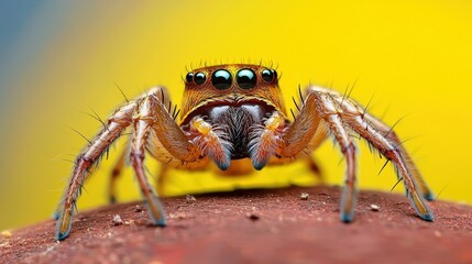 the photo captures a close up, highly detailed macro shot of a spider, showcasing its intricate patterns and textures in stunning clarity.