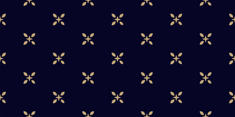 Vector floral minimalist seamless pattern. Abstract black and gold minimal geometric ornament with small flowers, stars, leaves. Simple luxury background. Stylish golden texture. Repeated easy design
