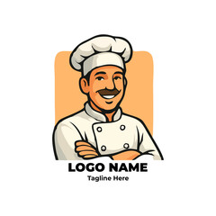 Chef logo for culinary tools restaurant branding kitchen identity cooking uniform professional chef hat cartoon mascot flat vector illustration food service business character