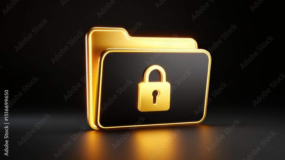 Poster a glowing black and gold folder with a padlock icon symbolizes secure data protection and privacy.
