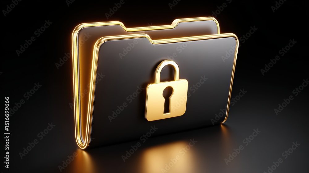 Poster a glowing black file folder with a gold lock symbol, representing secure or protected digital files,
