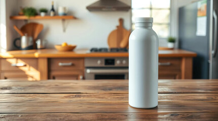 White tumbler bottle for blank template mockup on kitchen table