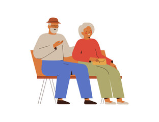 Love senior couple sit on bench and talk. Old Man and woman on the date outdoors. Romantic elderly male and female for valentine. Flat vector illustration on white background