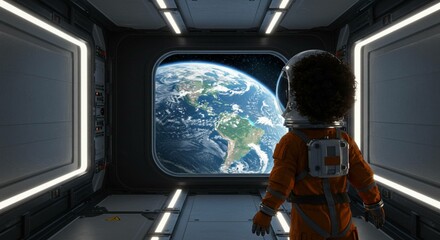 Astronaut in orange suit views earth from space station window with bright interior lighting