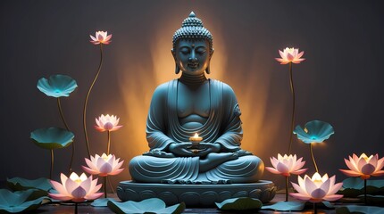 Obraz premium Enlightenment: Buddha Statue Surrounded by Lotus Flowers