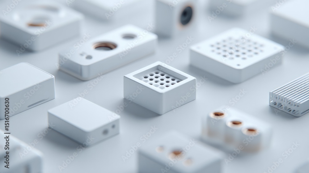 Poster close-up of various sensors on white background showcasing intricate details and connections
