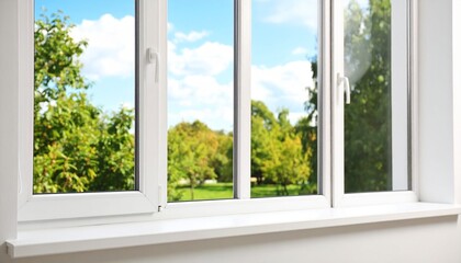 Fototapeta premium Closeup view of window with empty white sill 