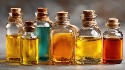 close-up of various skincare oils in glass bottles on smooth surface