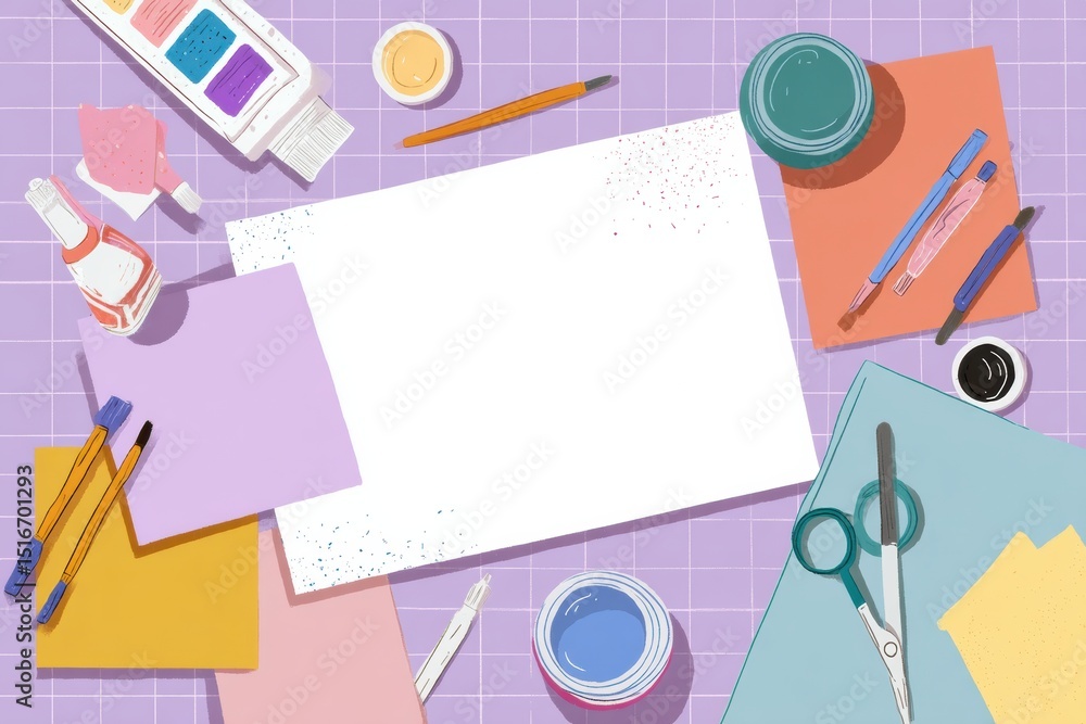 Poster creative diy crafts table with glue, paper, and scissors for fun and artistic projects
