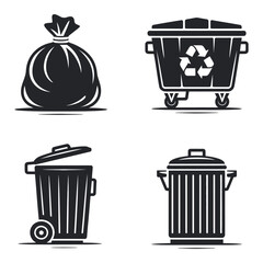 Collection of Trash Can and Garbage Bin Icons in Black and White Silhouette Style for Waste Management and Environmental