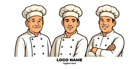 Set Chef logo for restaurant branding cartoon character culinary identity cooking tools kitchen uniform professional chef hat vector design flat mascot illustration food symbol