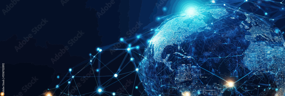 Poster digital earth globe with illuminated network connections and glowing data points representing global