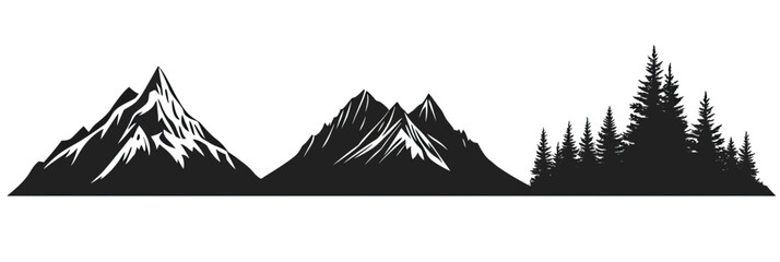 Silhouette of rugged mountain peaks and dense pine forest vector landscape minimalist outdoor nature design element black and white illustration