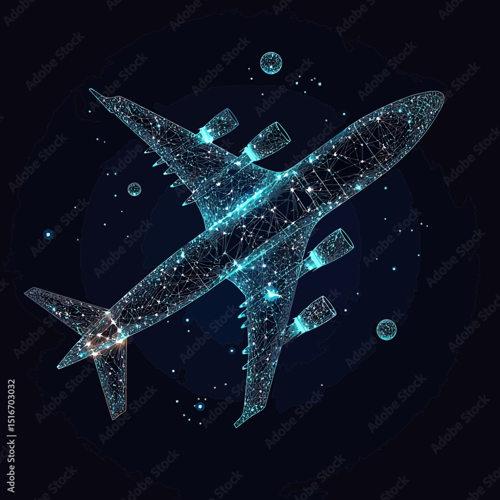 Aufkleber top view of glowing digital wireframe airliner with constellation and star network connection in spa