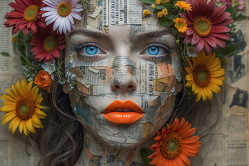 Hyper realistic Portrait of a Woman with Newspaper Collage Face and Vibrant Floral Crown