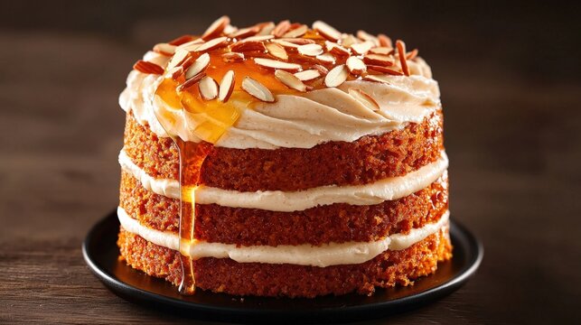 a realistic illustration of an almond cake, showing layers of moist almond flavored sponge sandwiched together with fluffy almond buttercream frosting