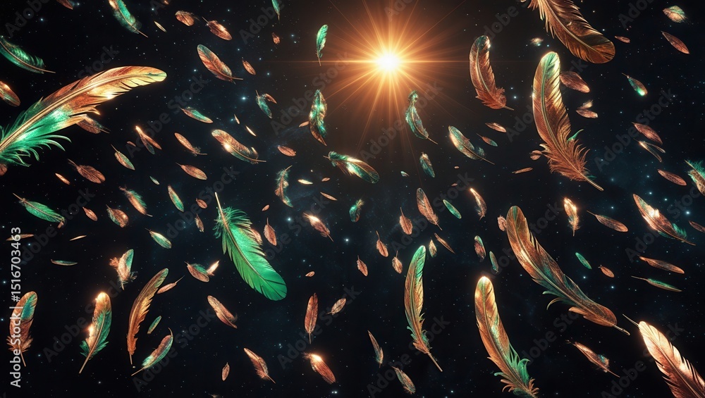 Poster vibrant feathers floating in outer space with glowing sunlight and a starry cosmic background