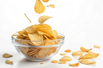 Potato chips falling into glass bowl on white background