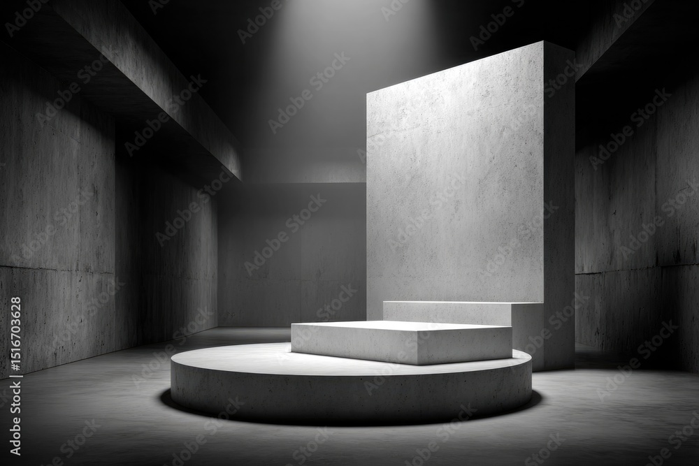 Poster empty stage podium with minimalistic design for events or exhibitions surrounded by ample copy space